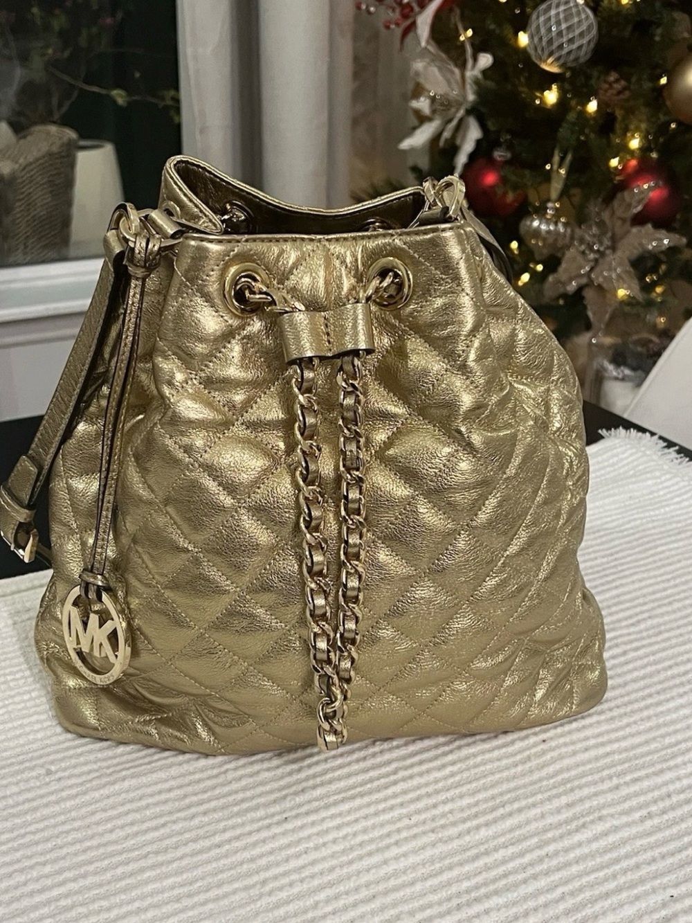 Michael Kors Metallic Gold Quilted Drawstring Bucket Bag